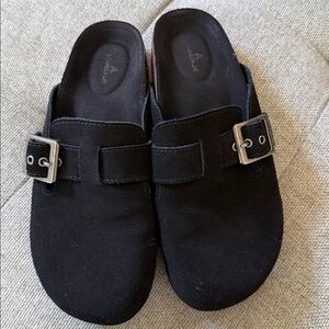 Black Suede Buckle Clog Mules
